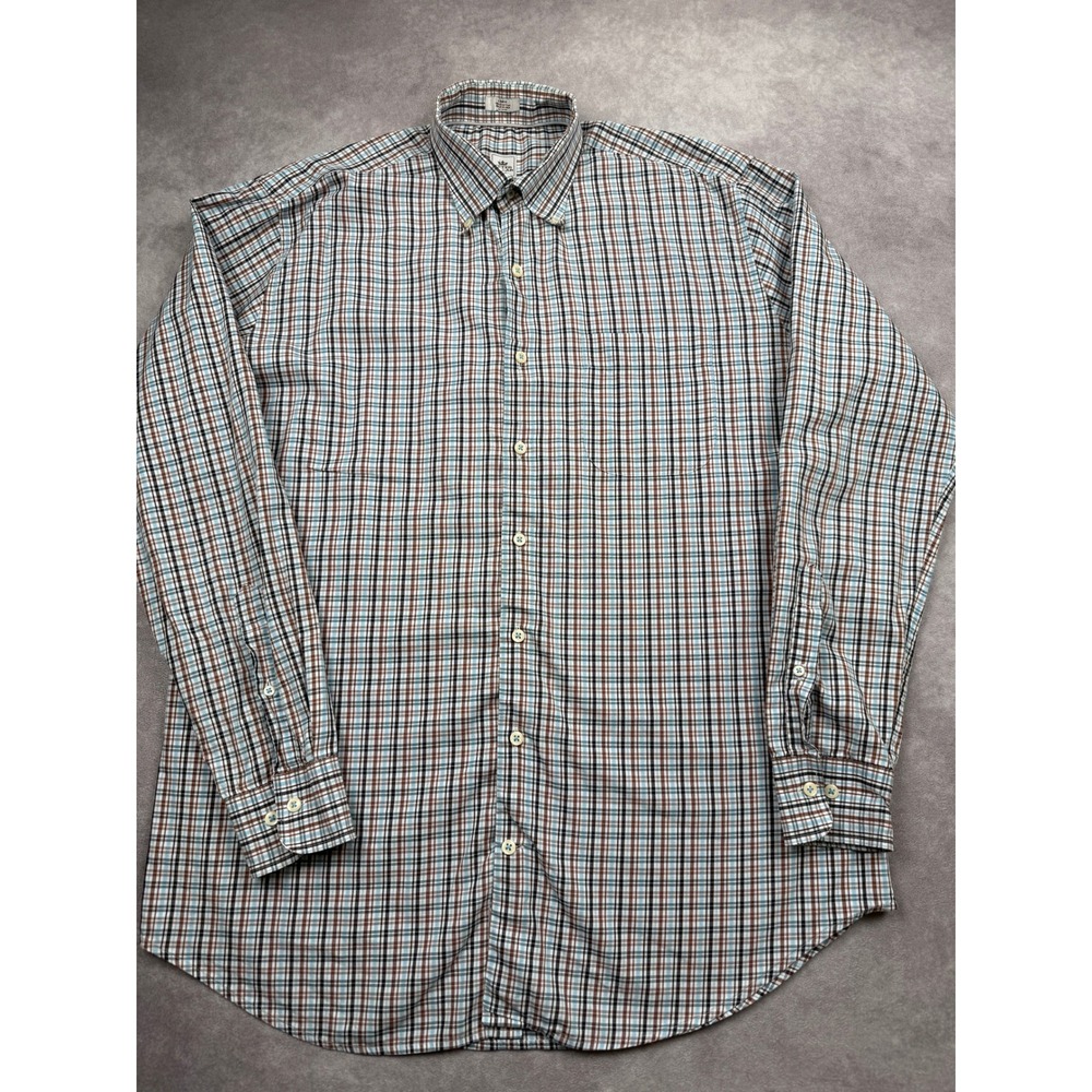 Peter Millar Men L Plaid Button Down Shirt Blue Brown Cotton Long Sleeve Classic